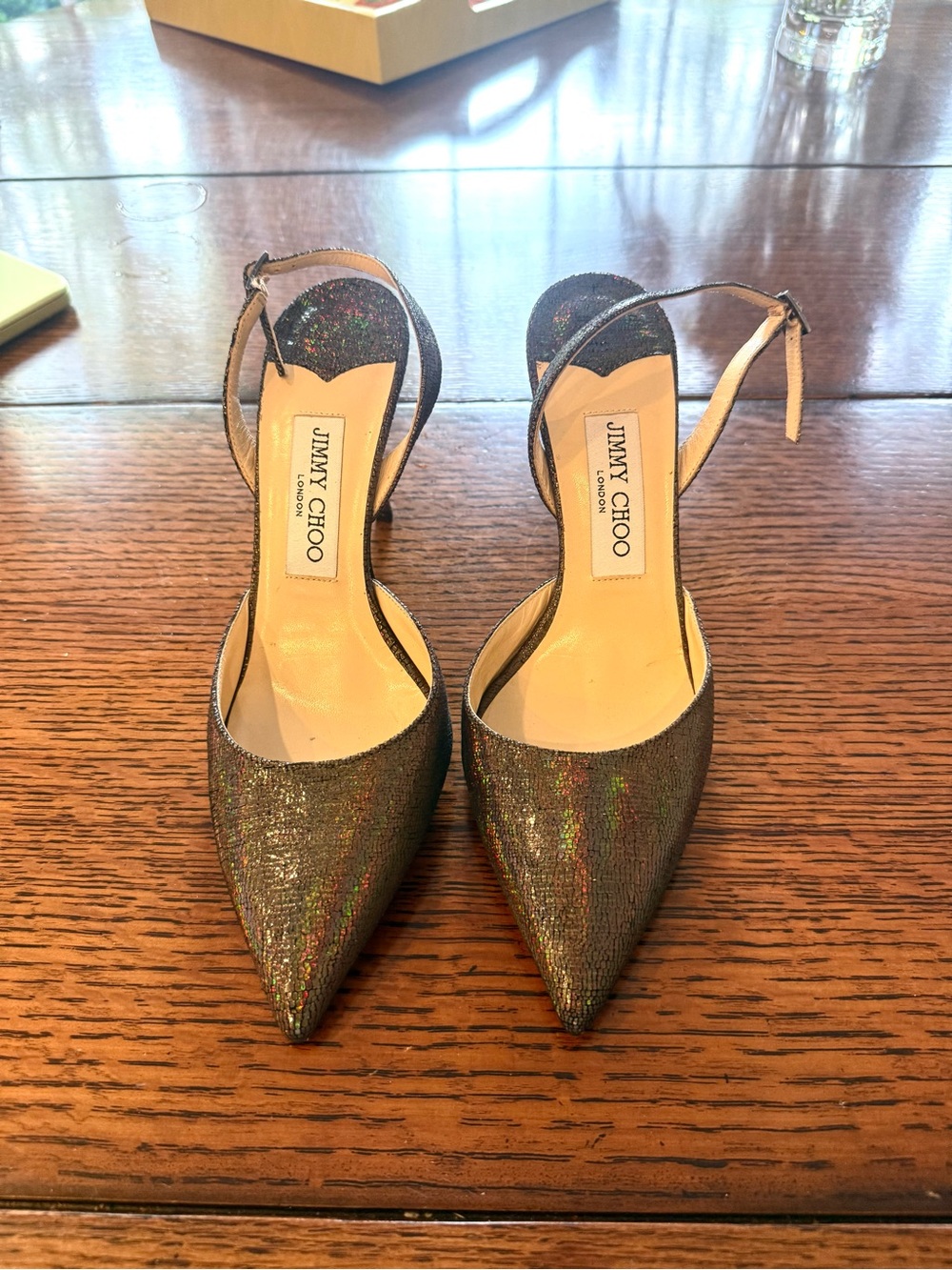 Jimmy Choo Erin Iridescent Metallic Leather Pointed Slingback Heels
